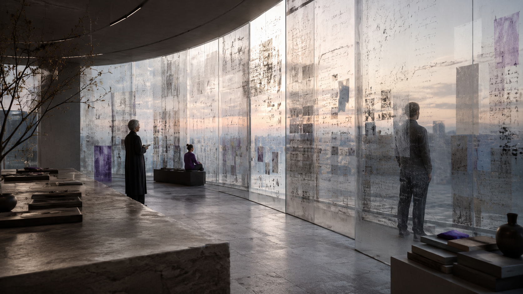 People moving through a quiet language archive of translucent panels and layered marks