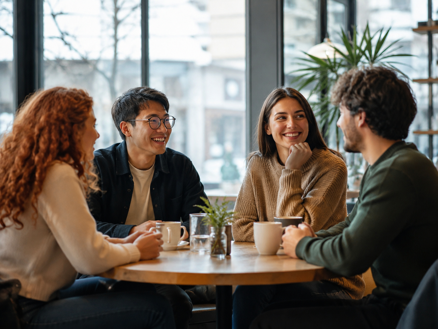 Four friends sharing a conversation around a cafe table